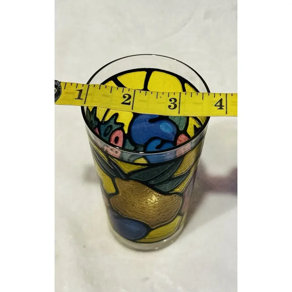 Vtg 60's 70's Tiffany Stained Glass Style Multi Colored Fruit OJ Cup Libbey